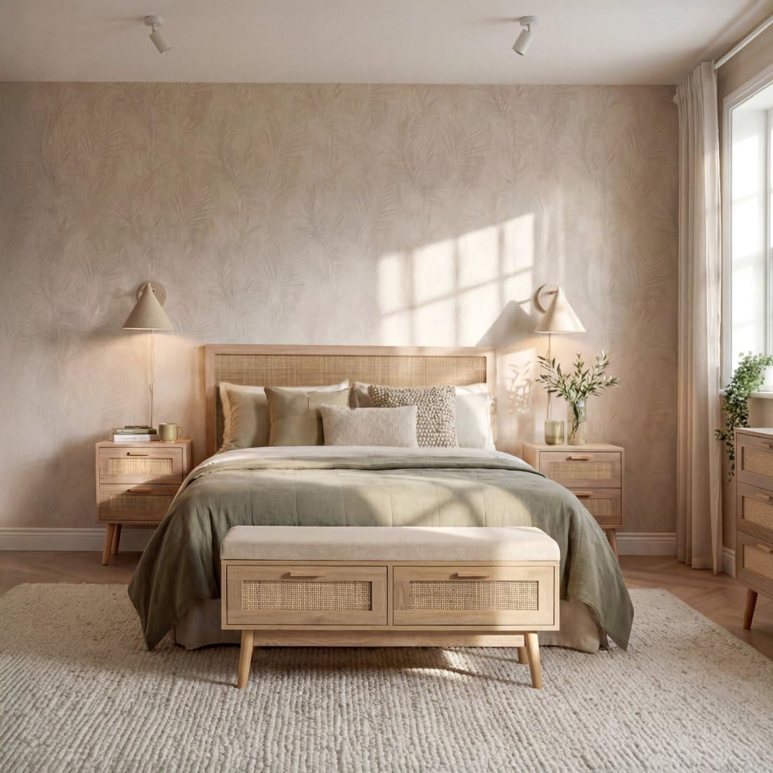 KLAST Banc en Bois et Rotin Naturel avec Coussin Tahiti Comprend Deux Tiroirs et Apporte Une Touche Naturelle et Confort à Tout Espace