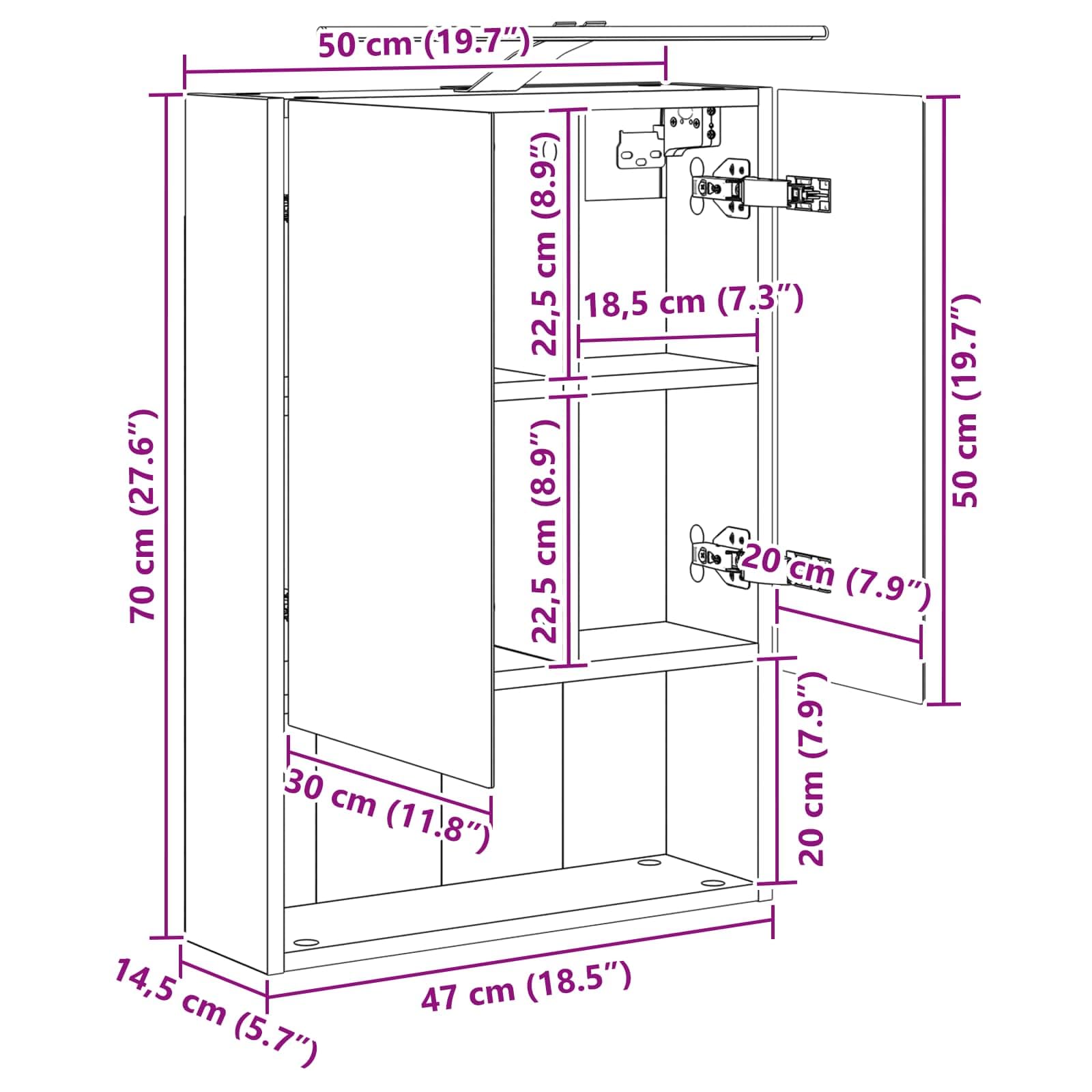 Szafka łazienkowa z lustrem, rzemiosło artystyczne, dąb, materiał drewnopochodny, 50 x 14,5 x 70 cm, z 2 półkami, paski LED, źródło zasilania USB, obustronne lustro montowane na ścianie, do