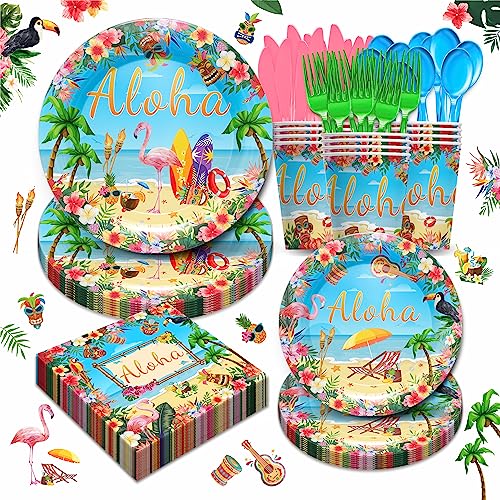 Piooluialy Hawaiian Luau Party Supplies Tableware Set - Tropical Flamingo Decorations Include Plates, Napkins, Cups, Cutlery, for Summer Beach Aloha Theme Party Supplies | Serves 24