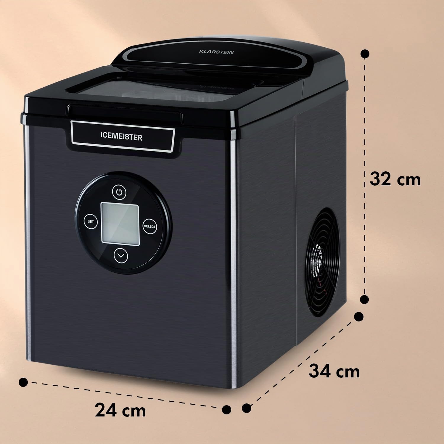 KLARSTEIN Icemeister 2G Eiswürfelmaschine, 12 kg/24 h, Produktion in 6-10 Minuten, 3 Eiswürfelgrößen, 1,8 l Wassertank, LCD-Display, Eiswürfelmaschine, Edelstahl, Dunkelgrau