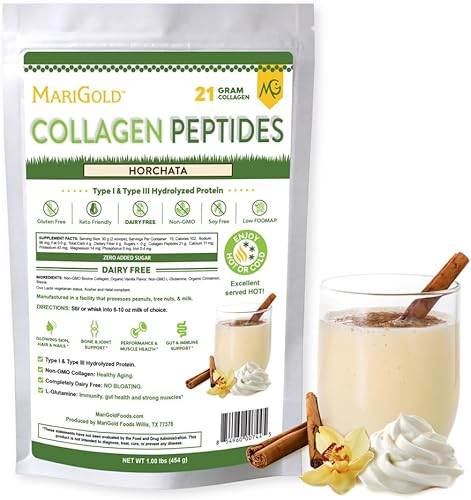 MariGold Horchata en polvo de péptidos de colágeno alimentados con pasto, 1 libra, 100% puro, colágeno hidrolizado bovino tipo I y III, sin OMG, sin