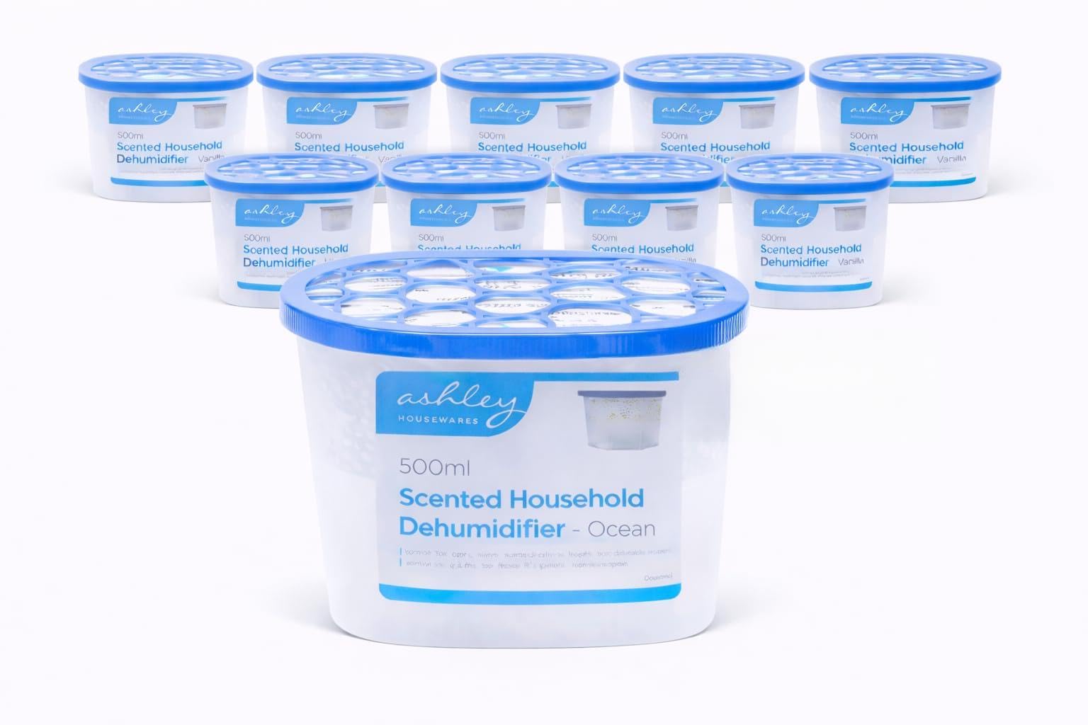 HomeZone 10 Pack 500ml Ocean Scented Disposable Dehumidifier - Versatile Dehumidifier For Bedroom Livingroom Kitchen - Effective Damp Absorber Condensation Absorbers - Damp Traps Multipack For Homes