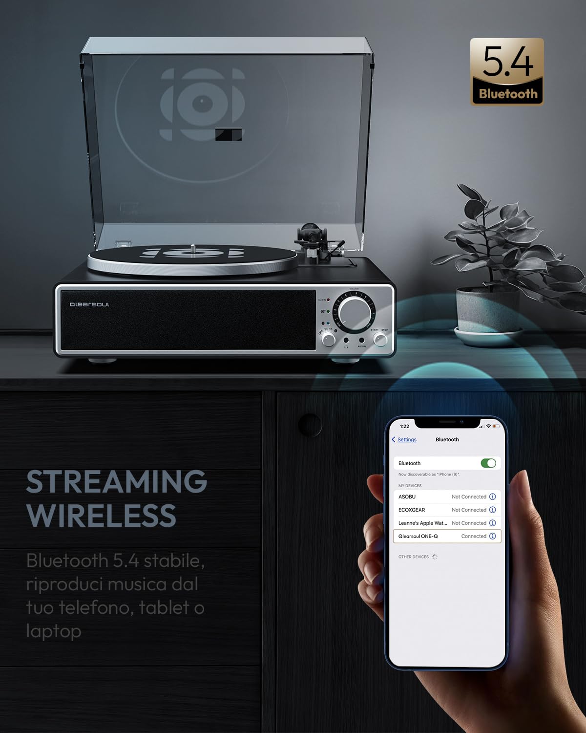 Qlearsoul ONE-Q Giradischi Vinile All-in-One con Bluetooth 5.4, Giradischi HiFi con Altoparlanti Integrati, Preamplificatore Phono, Cartuccia AT-3600L, 33/45 RPM, Spegnimento Automatico