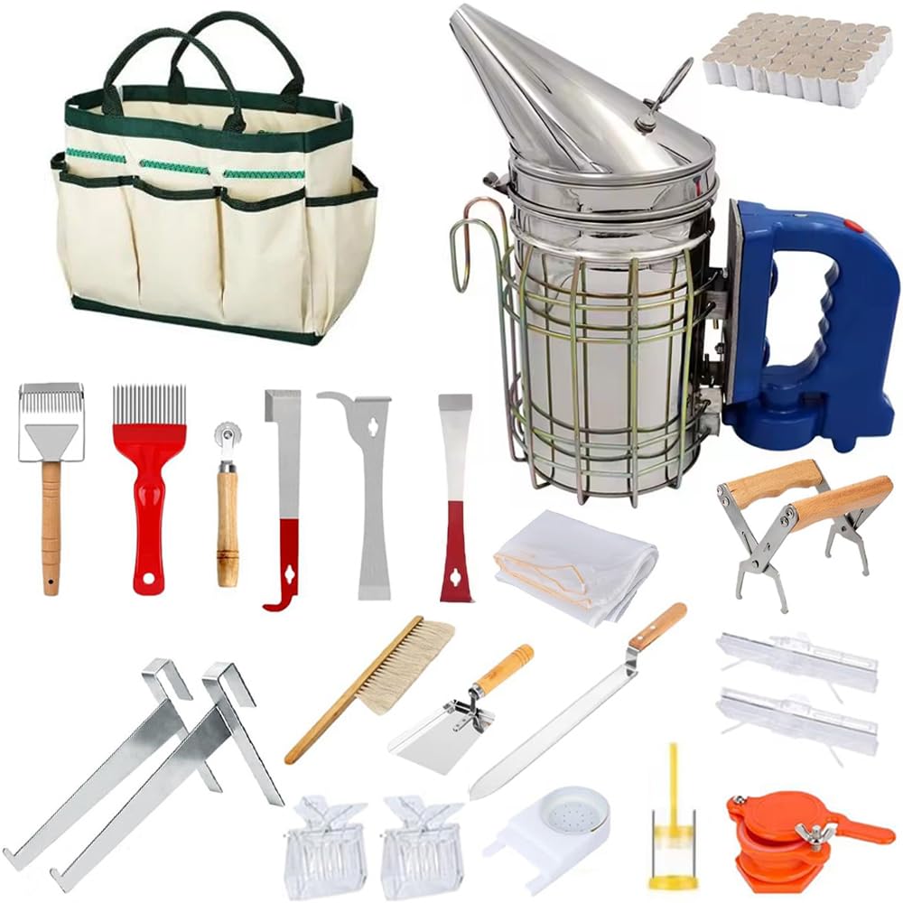 Kit Apicoltura Completo 22pcs con Affumicatore Elettrico a Doppia Alimentazione | Per Apicoltori Professionisti, Nido d'Ape, 22 Strumenti Inclusi, Kit Attrezzi Completo