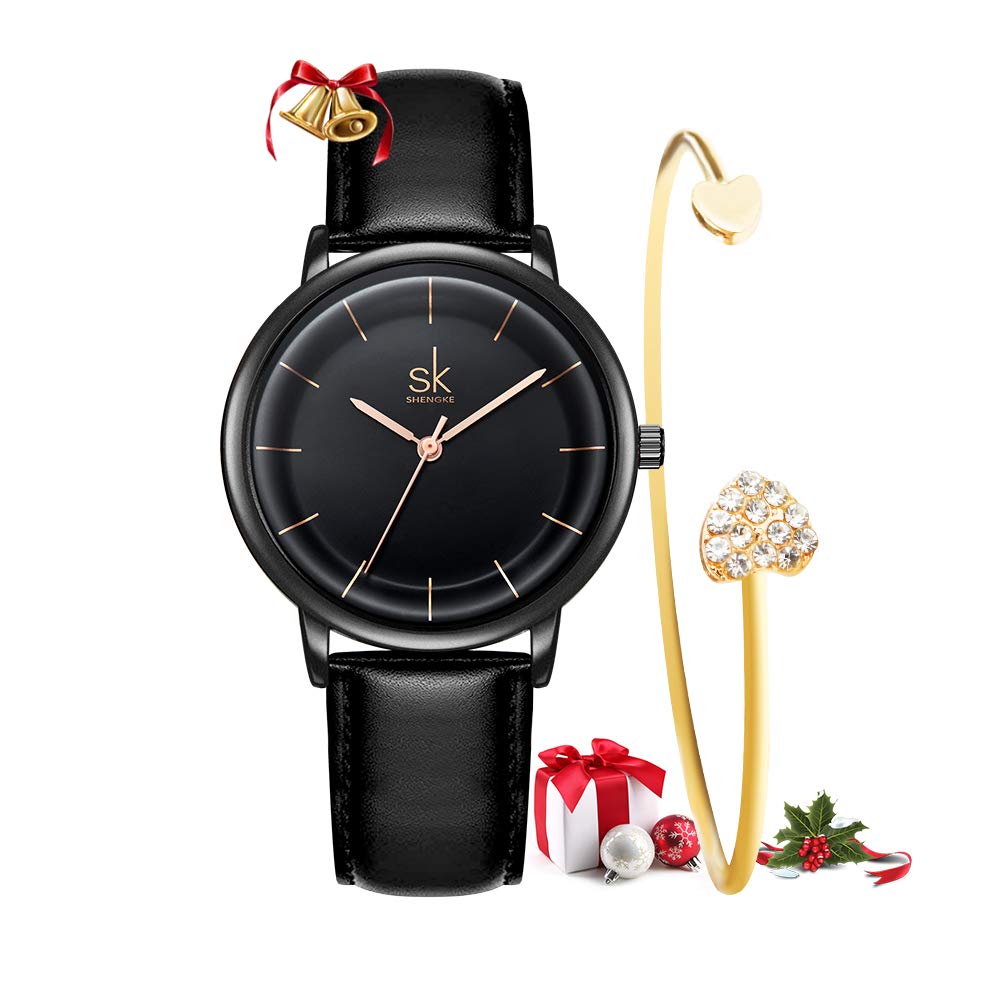 SHENGKEWomen's Watch Bracelets Set, Ladies Watches with Leather Strap, Waterproof Quartz Watch, Easy Read Dial with Second Hand, Black, Quartz Watches
