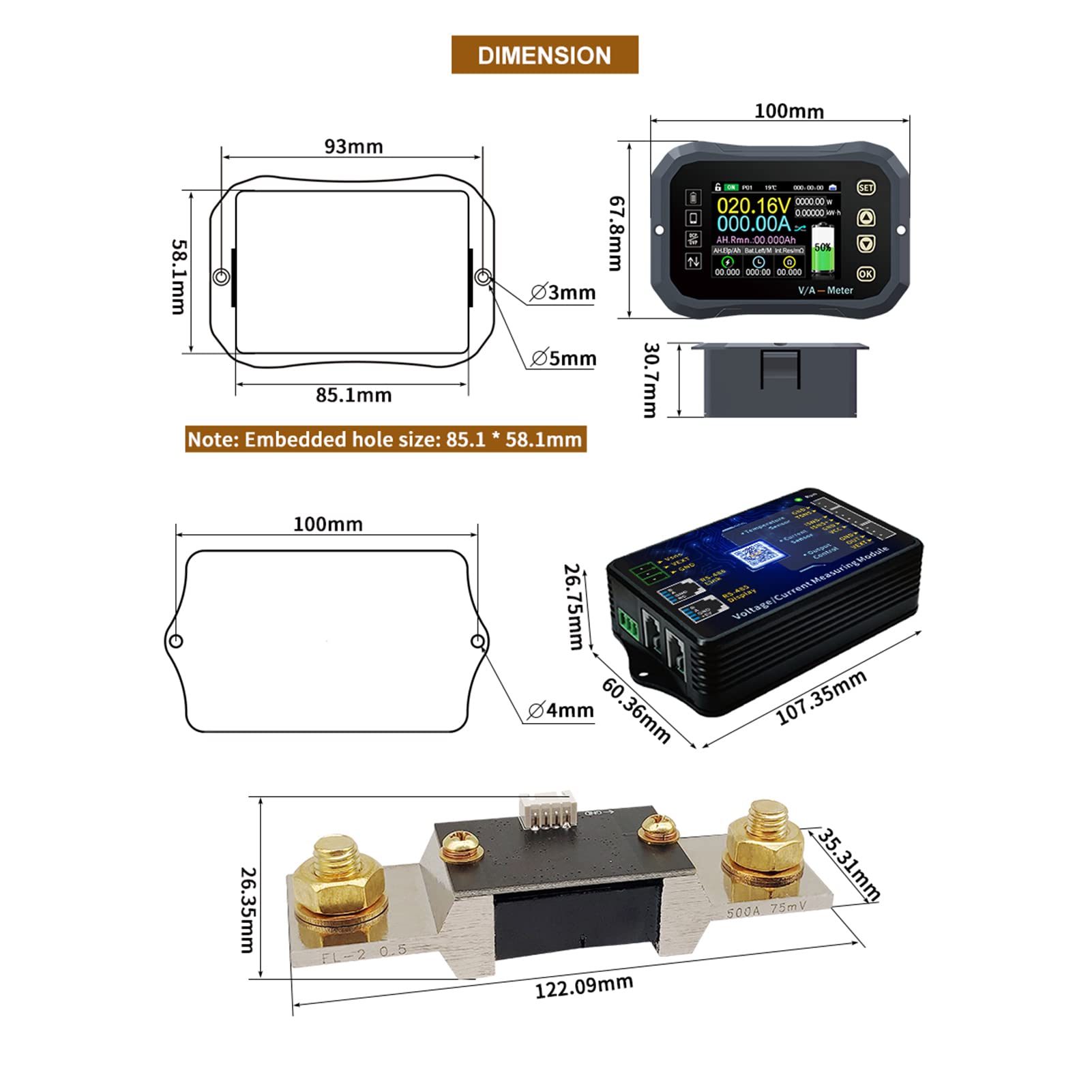Monitor de Batería, 0-120 V KG-F Bluetooth Inalámbrico Hierro Litio Batería Medidor Capacidad/Coulomb Medidor/Amperímetro/Voltimetro para Caravanas, Autocaravanas, Control Móvil (0-400 A)