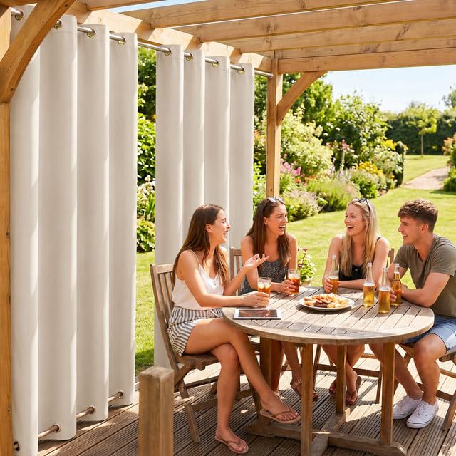 Rosnek 2erOutdoor Vorhang Wetterfest Winddicht, Balkon Gardinen mit Ösen Oben & Unten, Blickdicht Wasserdicht Sonnenschutz Sichtschutz Gardinen für Terrasse,Pergola,Pavillon, H213x B132 cm, Beige