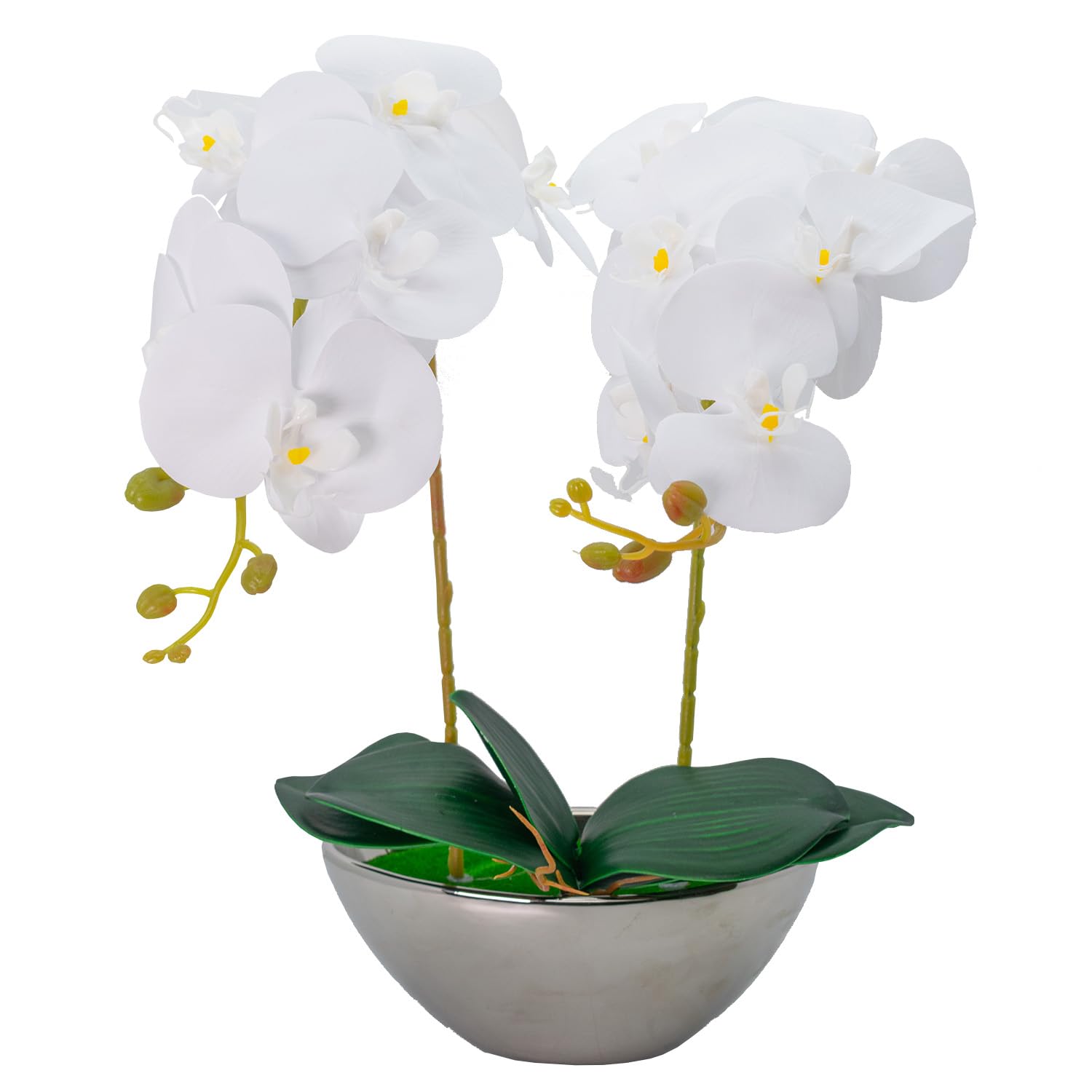 Home Republic Artificial Orchids White and Purple In Gold And Silver Metallic Pots - Realistic Artificial Flowers (SILVER POT WHITE ORCHID)