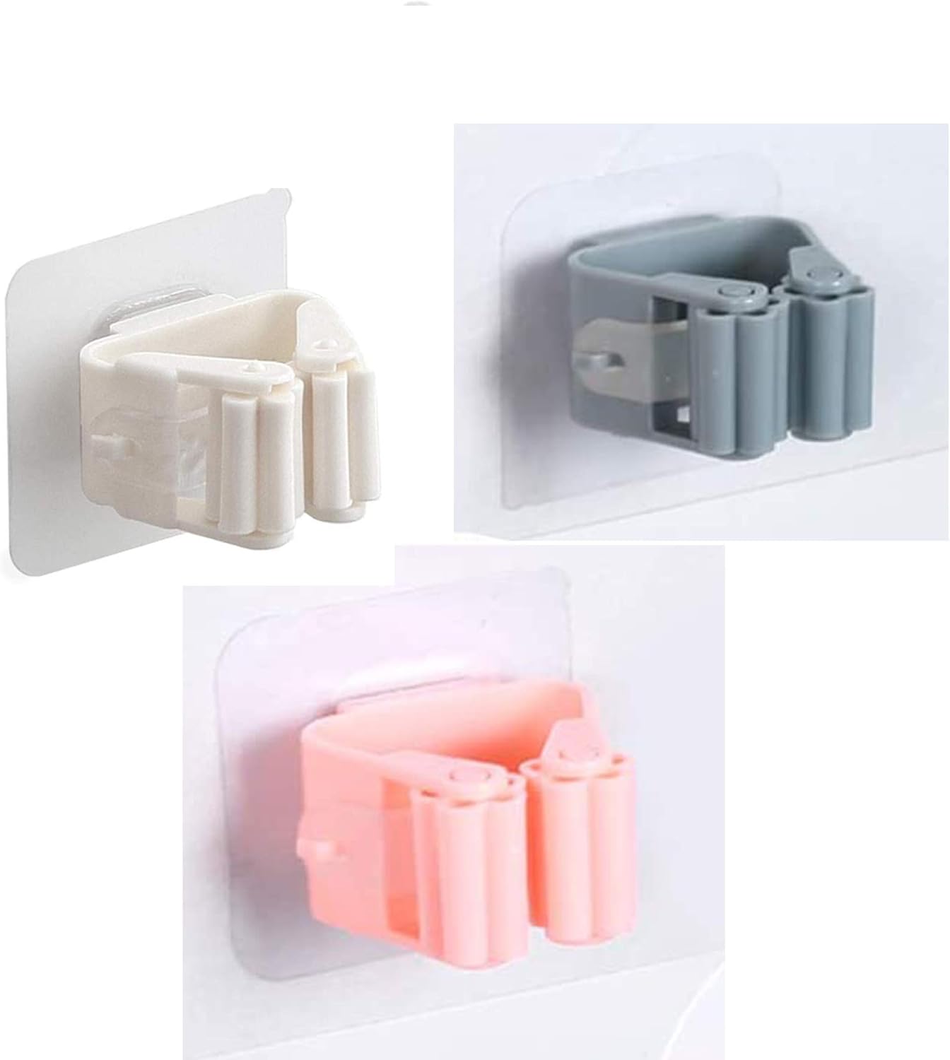 حامل لمساحة الموب، ذاتي اللصق دون الحاجة للمثقب للتثبيت، وقابل لاعادة الاستخدام ومقاوم للانزلاق، يثبت على الحائط لتنظيم ادوات المنزل والمطبخ وخزانة الملابس، 3 قطع، ستانلس ستيل، متعدد الالوان