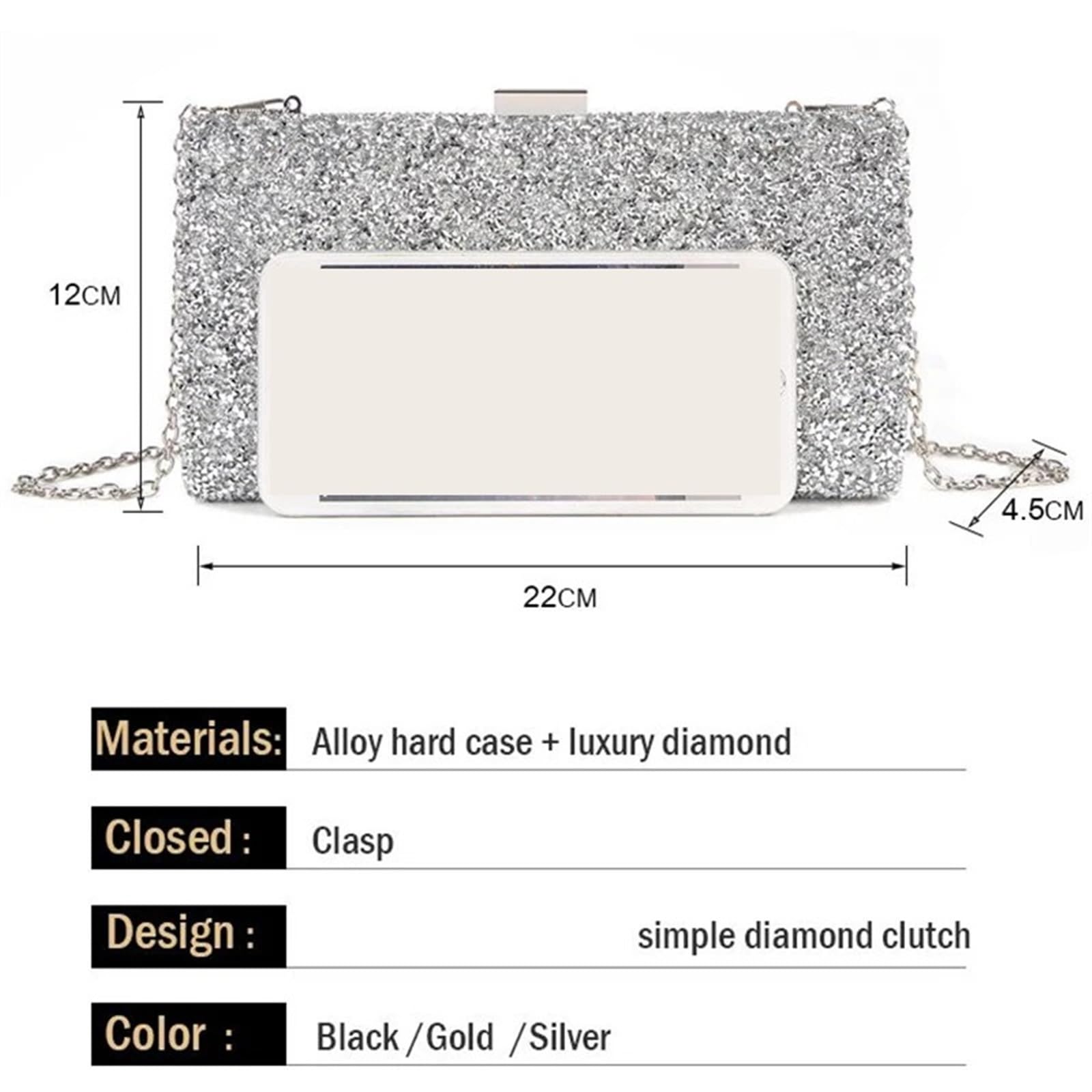 pochette donna Borsa da sera donna con pochette e paillettes a forma di diamante, borsa sposa a mano for feste banchetti, a tracolla due catene