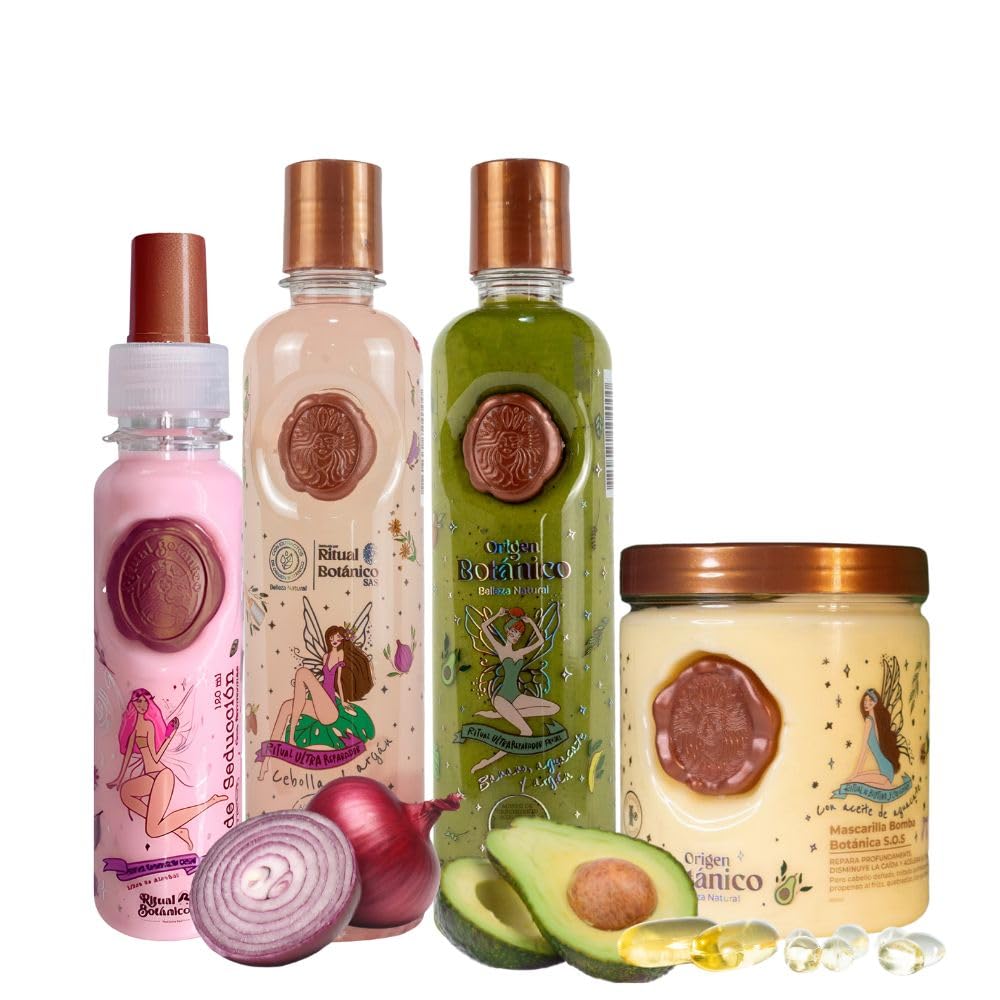 Origen Botanico Shampoo Cebolla, Acondicionador Intensivo Plex Mascarilla bomba capilar ritual botanico y Termoprotector de Origen Botanico (4 Pack)