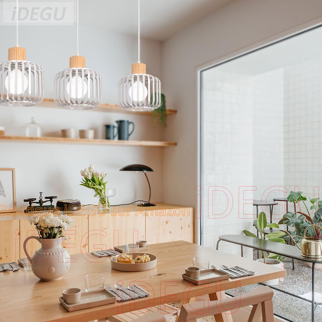 iDEGU 3 Luces Lámpara Colgante Vintage Lámpara de Techo en Madera y Metal Industrial Araña Colgante Diseño Jaula E27 Iluminación de Techo para Cocina Comedor Sala de Estar Restaurante (Barra, Negro)