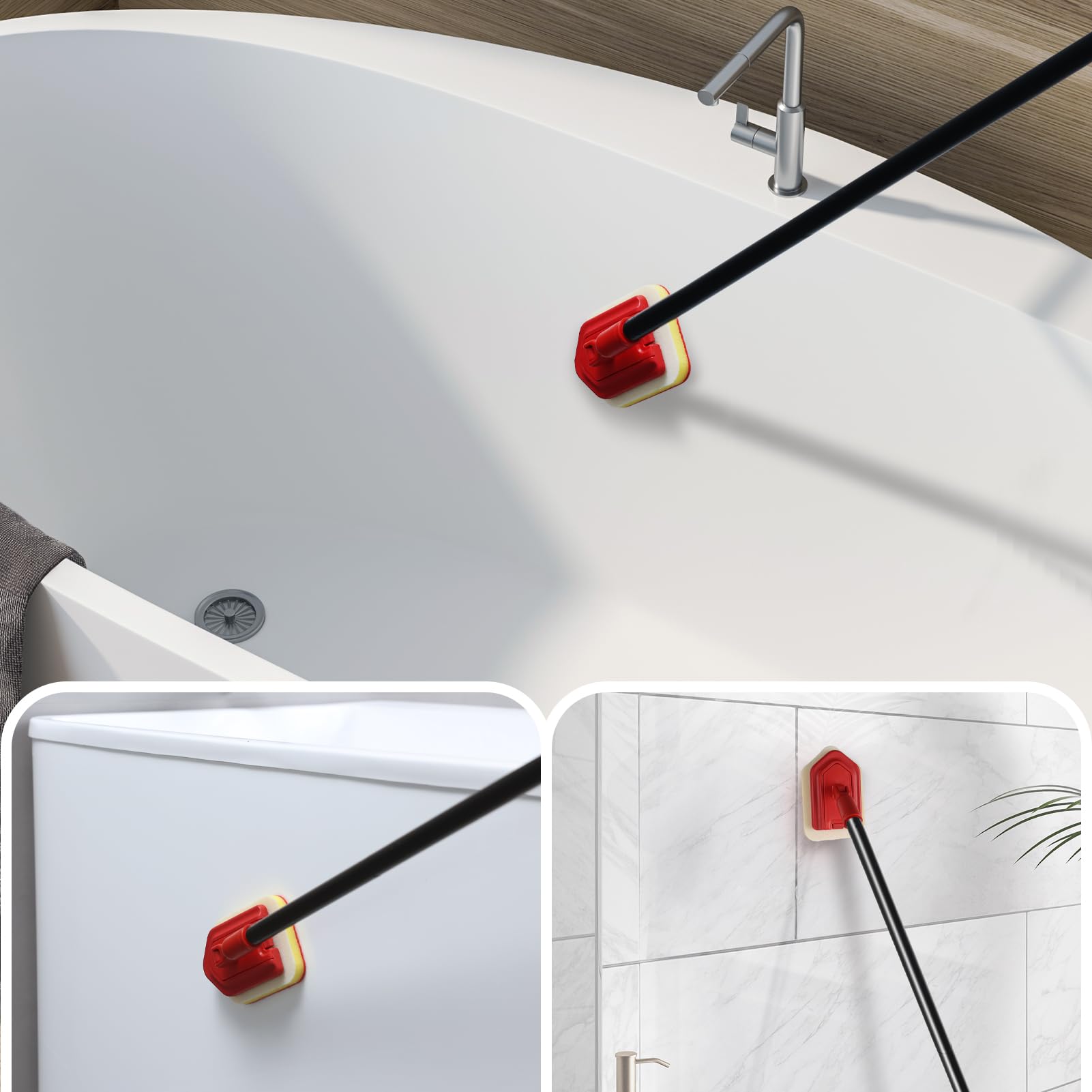 Mitclear 3 w 1 Szczotka do Czyszczenia Płytek Łazienkowych z Teleskopową Rączką (135cm), Szorowarka do Wanien z Długą Rączką i Sztywnym Włosiem, Gąbka do Szorowania i Ściereczka z Mikrofibry