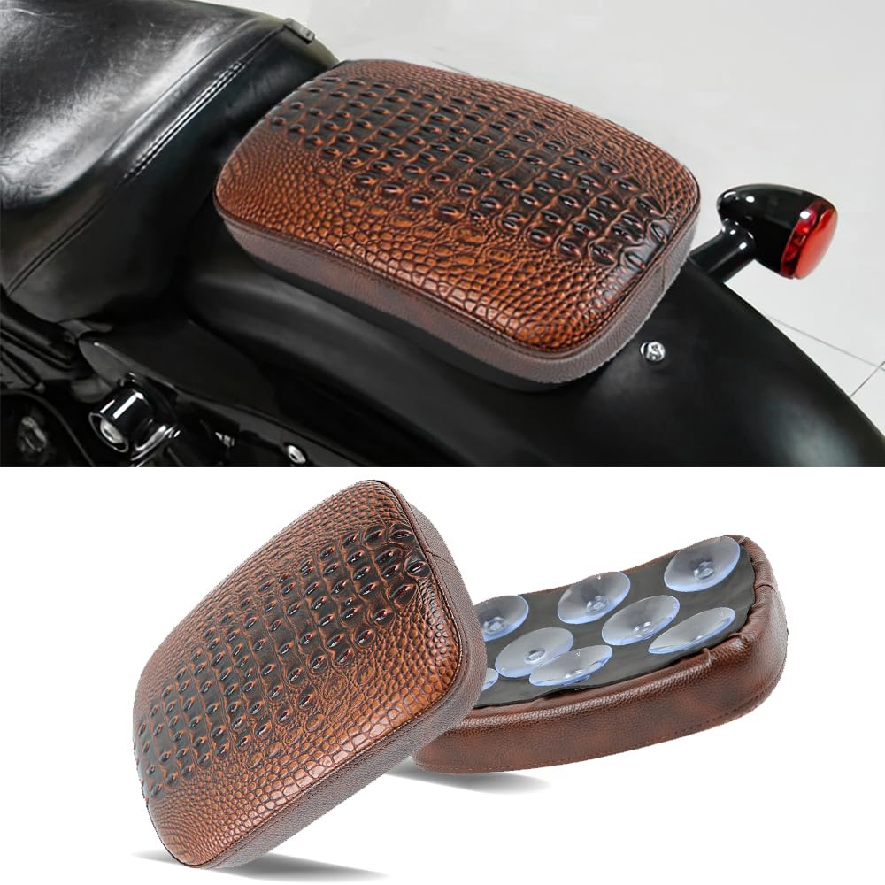 Motorcycle Pillion Passenger Pad Seat, Brown Crocodile Leather Pillion Pad w/ 8 Suction Cup Rear Passenger Seat Compatible with Harley Custom Bikes and More