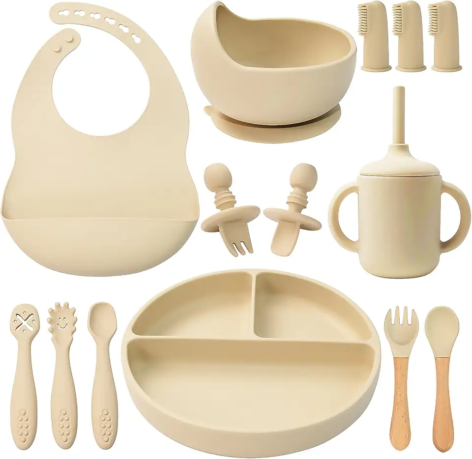 Silicone Baby Feeding Set 14 Pcs,Baby Led Weaning Supplies, Baby Spoons Suction Bowl Divided Plate Bib Cup Finger Brush,First Stage Solid Food Eating Utensils - 6+ Months(Beige)