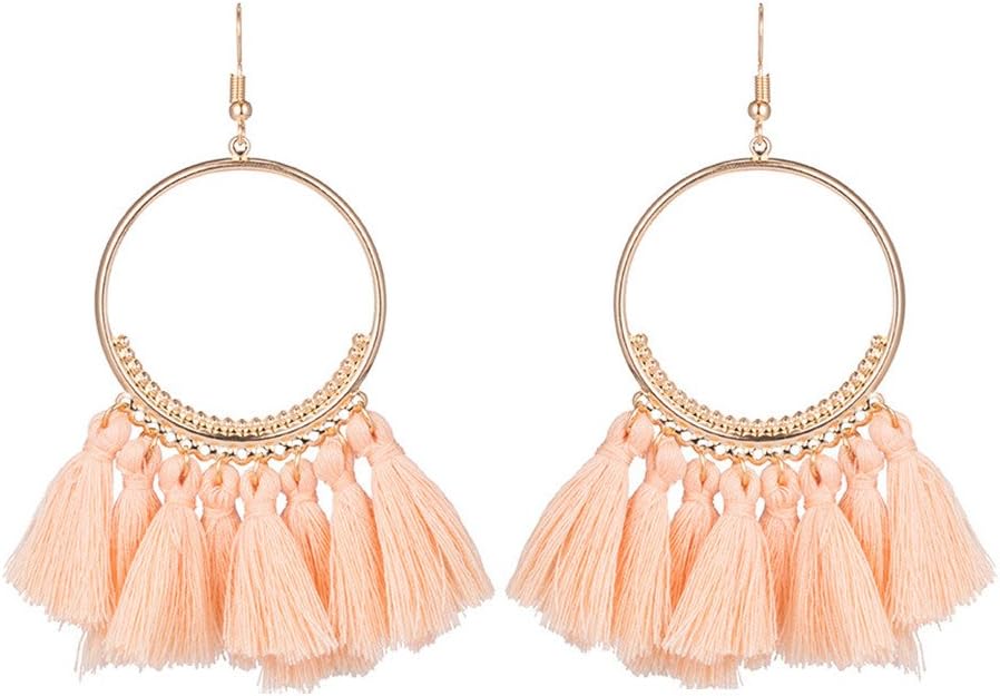 INSANEY Bohemia Fan Shape Tassel Earrings Hoop Dangle Ear Drop (Khaki)