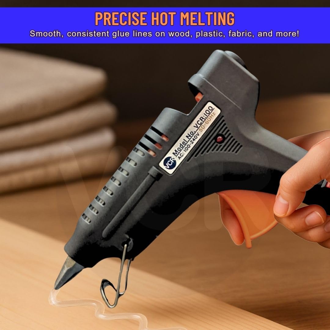 VCR 100W Professional Hot Melt Glue Gun for Crafting & DIY Purpose - 100 Watts - ON/Off Switch for Precise Glue Output - Easy To Use Black Glue Gun + 5 Transparent - 11mm Glue Sticks - VCR 100 - Image 6 thumbnail