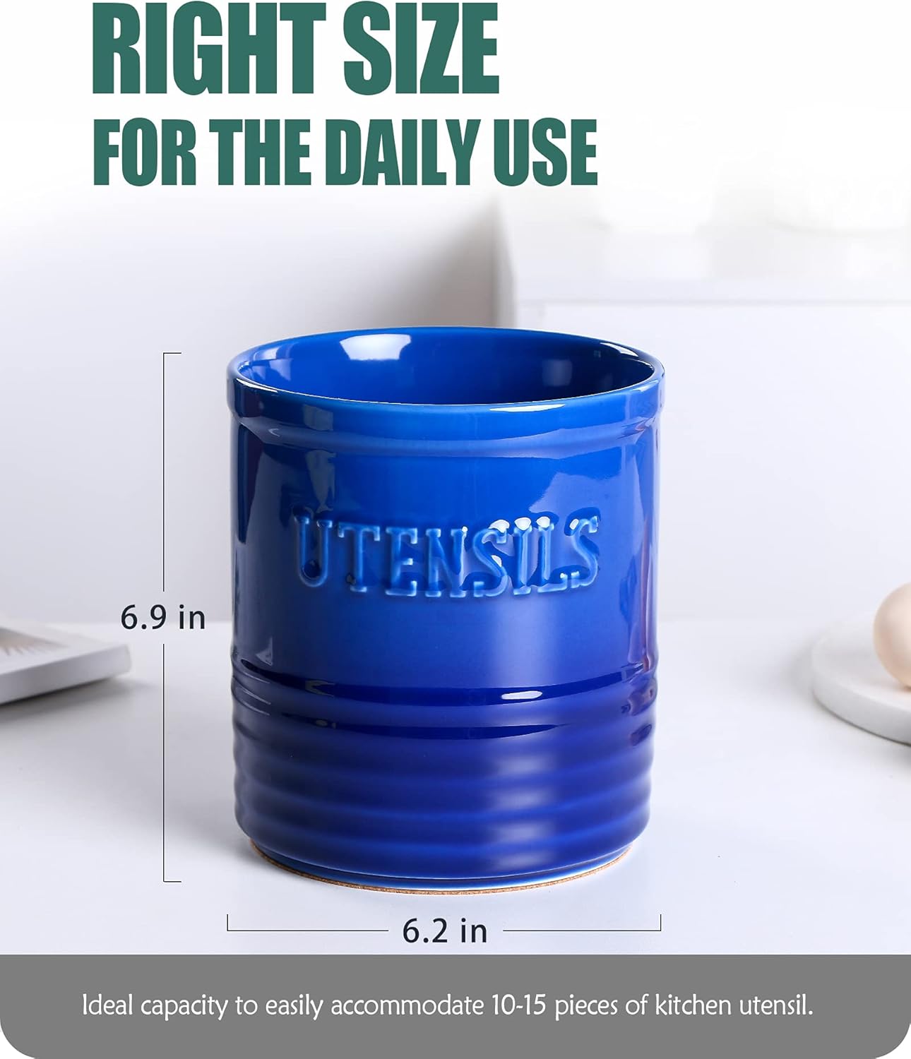 Kitchen Utensil Holder, Lareina Utensil Caddy for Countertop, 7 Inch Large Ceramic Utensil Crock with Anti-slip Cork Bottom for Home Decor, Blue : Home & Kitchen