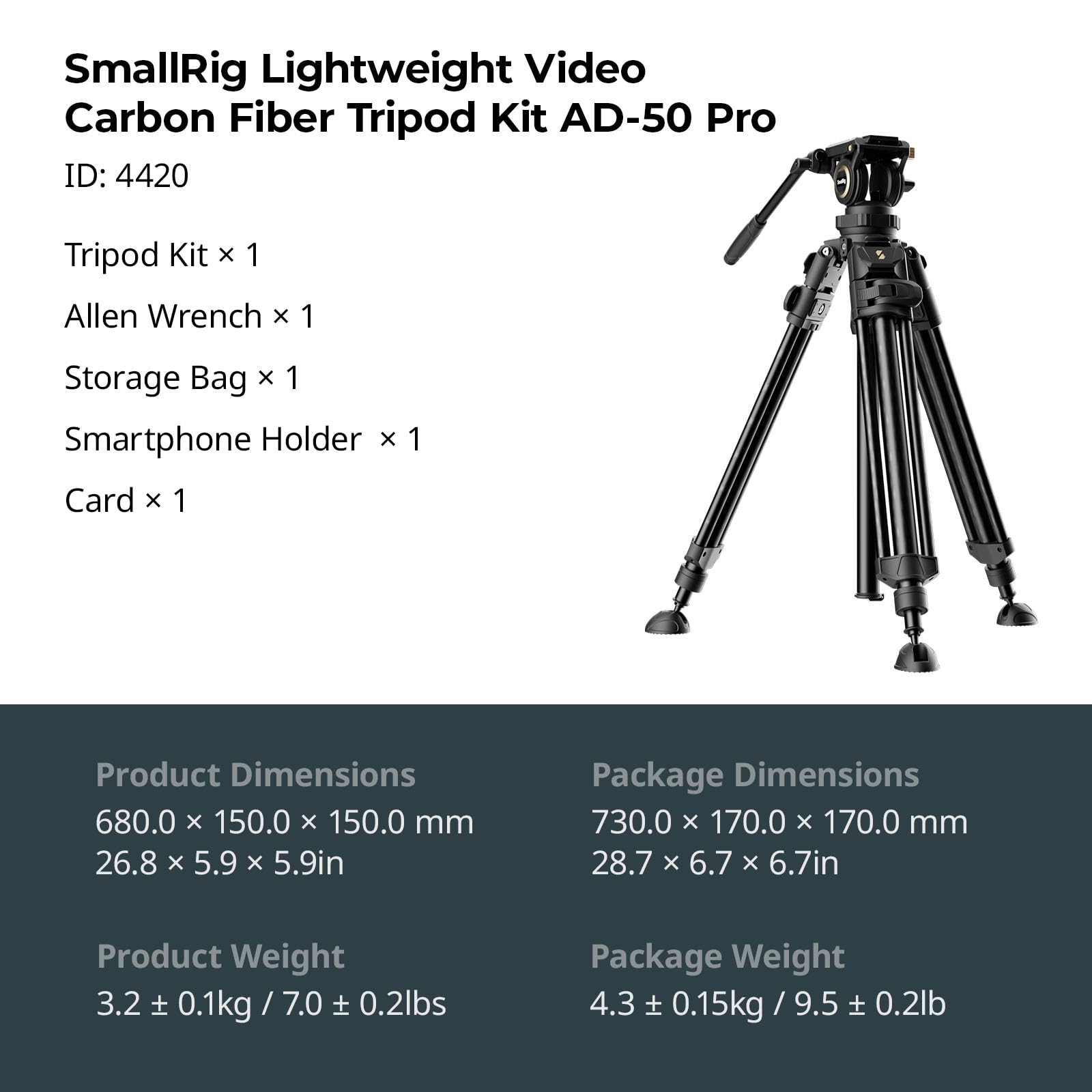 SMALLRIG Tripod de Video Resistente AD-50Pro, Trípode Liviano de Fibra de Carbono con Ajuste de Altura de Un Solo Paso FreeSpeed, Cabezal Fluido, Placa QR de Modo Dual, Columna Central - 4420