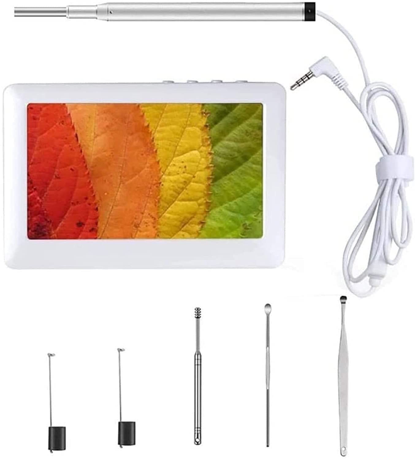 Otoscopio con Pantalla de 4,3 Pulgadas, cámara de Oreja de 3.9 mm con 6 DIRIGIÓ Luces, Herramienta de eliminación de Cera de oído y batería Recargable 1200 mAh, Blanco