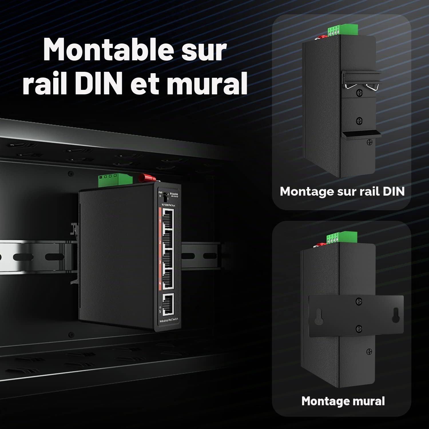 MokerLink Switch Industriel 5 Ports PoE+ sur Rail DIN, 4 Ports PoE+ IEEE802.3af/at, 1 Liaison Montante, Fast Ethernet 10/100 Mbps, Rail DIN et Montage Mural Inclus