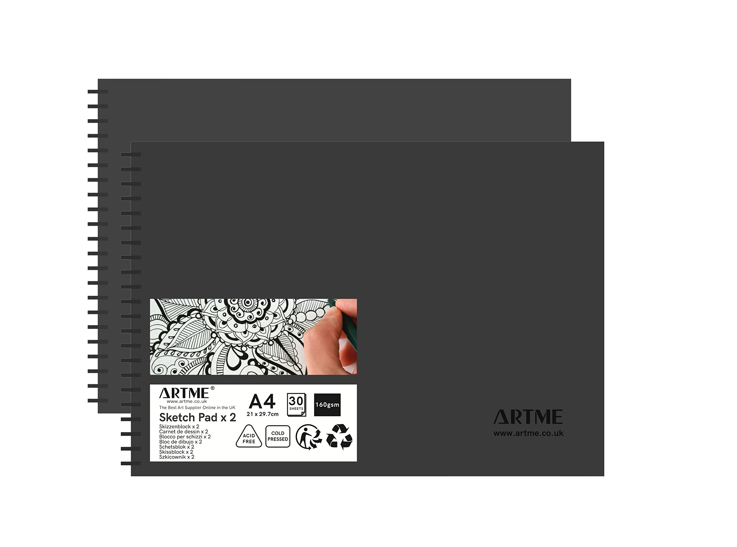 Artme Bloc de bocetos A4, 2 piezas, 30 hojas (160 g/m²), cuaderno de bocetos encuadernado en espiral