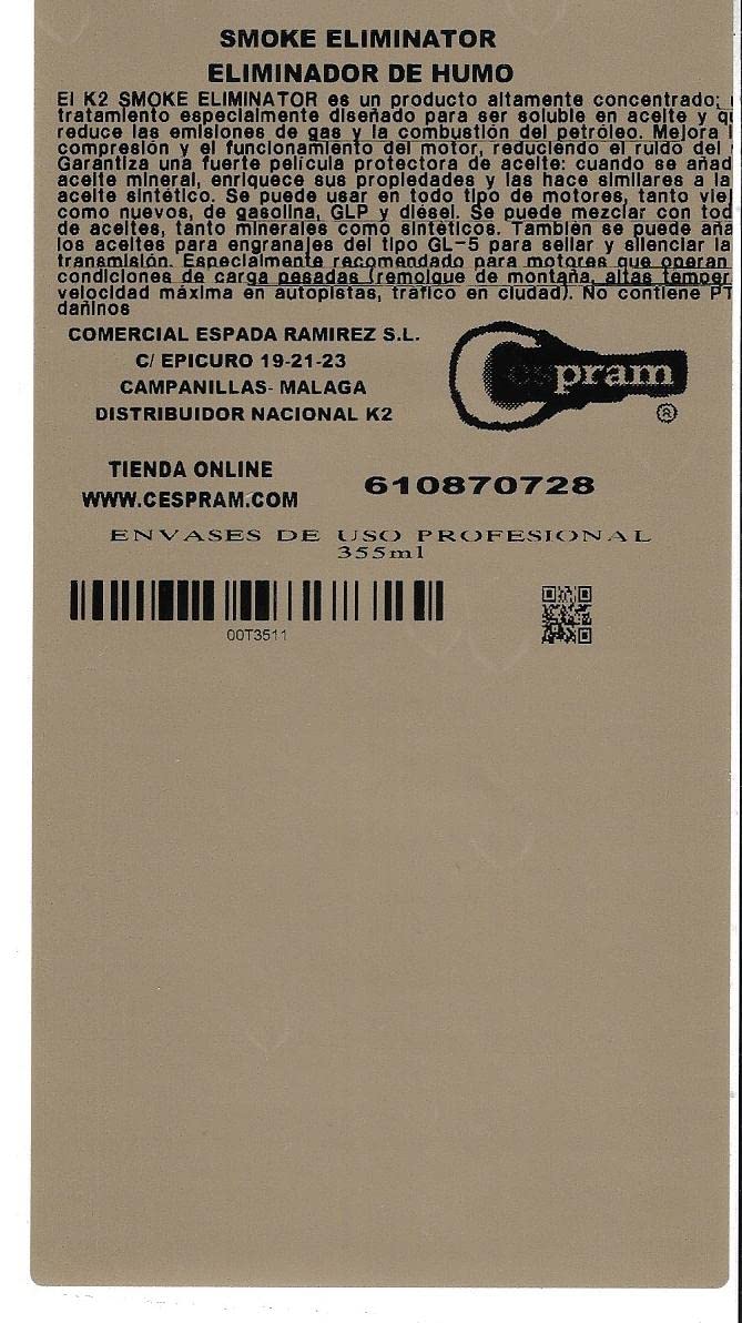 Eliminador de Humo. Pelicula protectora. Mejora la compresión y el funcionamiento del motor reduciendo ruido. Envase de 335 ml. (6 uds)