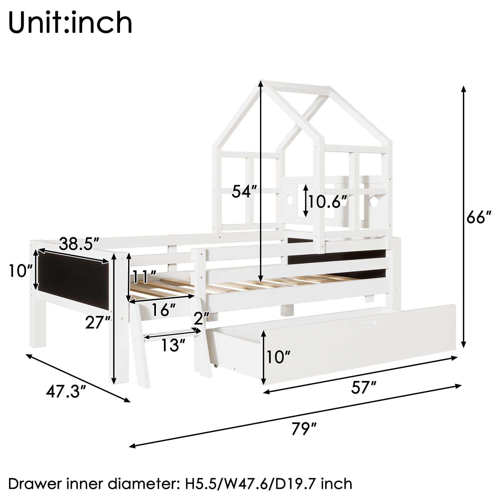 AVGVLIJ Twin Size House Bed with Ladder and Storage Drawers, Solid Wood Platfrom Bedframe with 2 Blackboard Design, No Box Spring Needed, for Kid Bedroom, White
