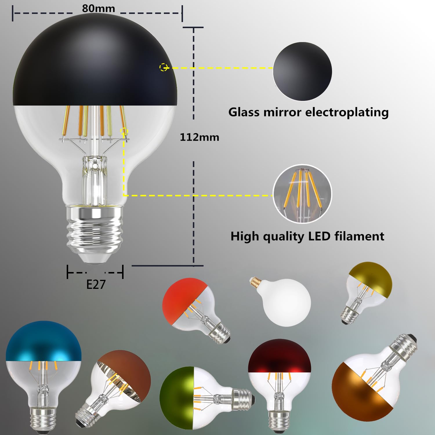 Vanpus LED Decorative Bulb, 2700K Warm White Light, 6W, E27 Base, CRI > 90, Max Diameter 8cm, Hand-Electroplated Black Top - Image 4