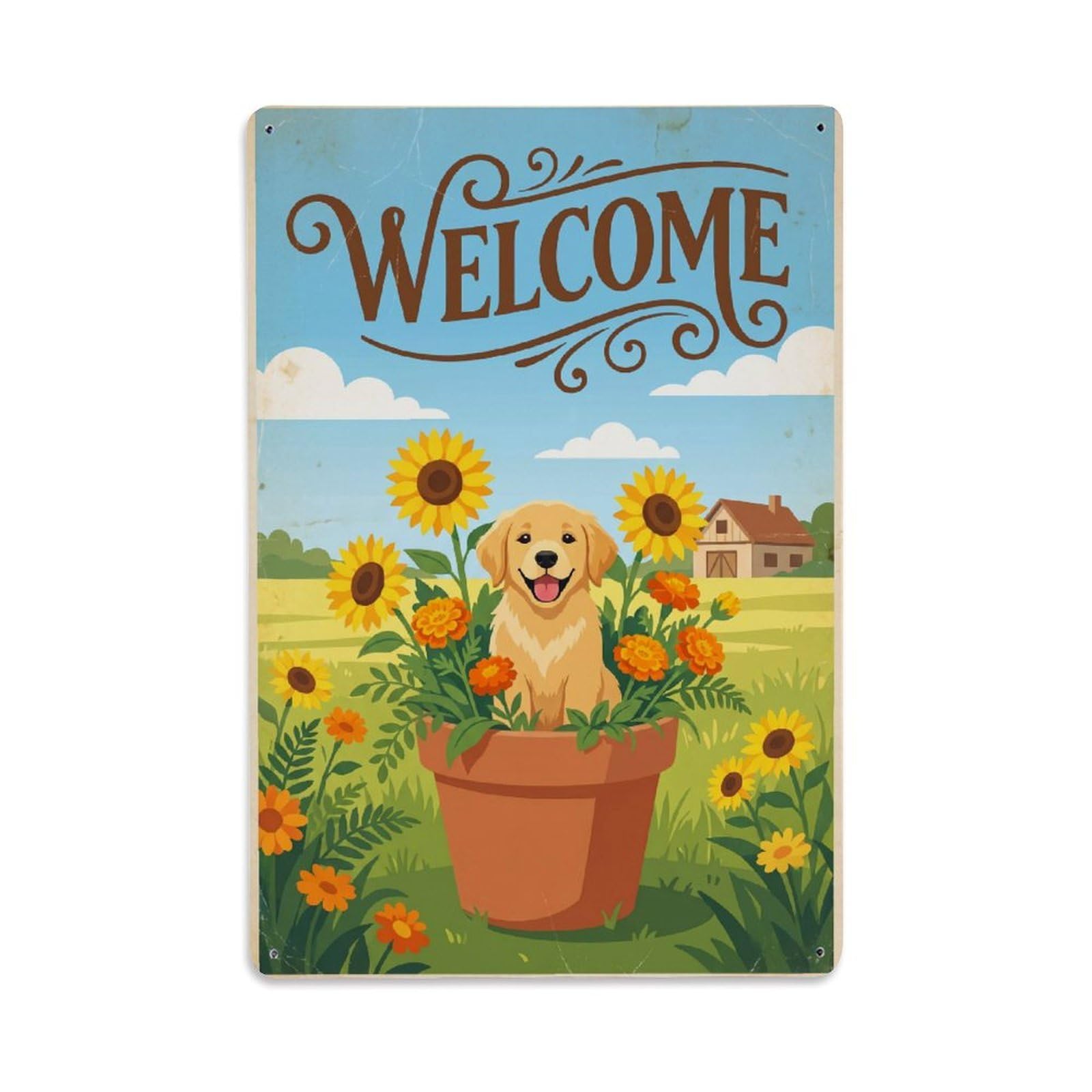 Vintage Welcome Puppy Sunny Day Metal Tin Sign