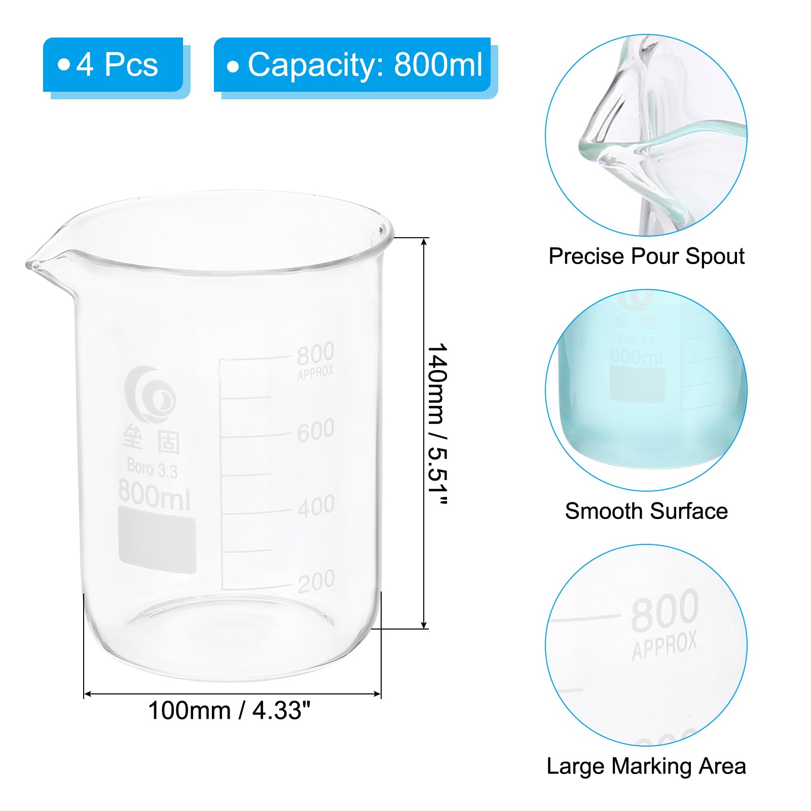 PATIKIL 800ml Vaso De Vidrio Bajo, 4 Piezas Vasos De Vidrio Borosilicato 3.3 Con Escala Y Pico Para Experimentos De Laboratorio, Cocina Y Repostería, Transparente