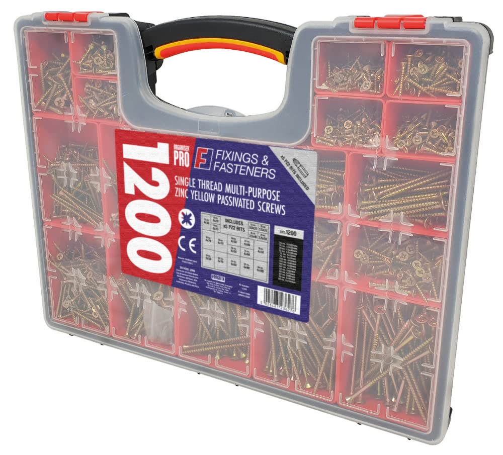 Holzschrauben-Set mit Spanplattenschrauben, Pozidrive, in Kunststoffbox, gemischte Wanne, Solo-Holzschrauben, 1200 Stück