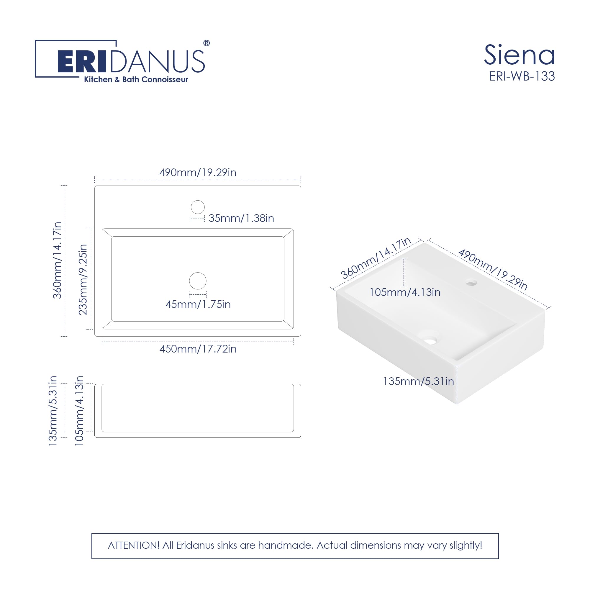 Eridanus Lavabo de cerámica colgante, lavamanos rectangular de porcelana vítrea en blanco brillante, lavabo de cerámica para muebles de tocador, 490 x 360 x 135 mm