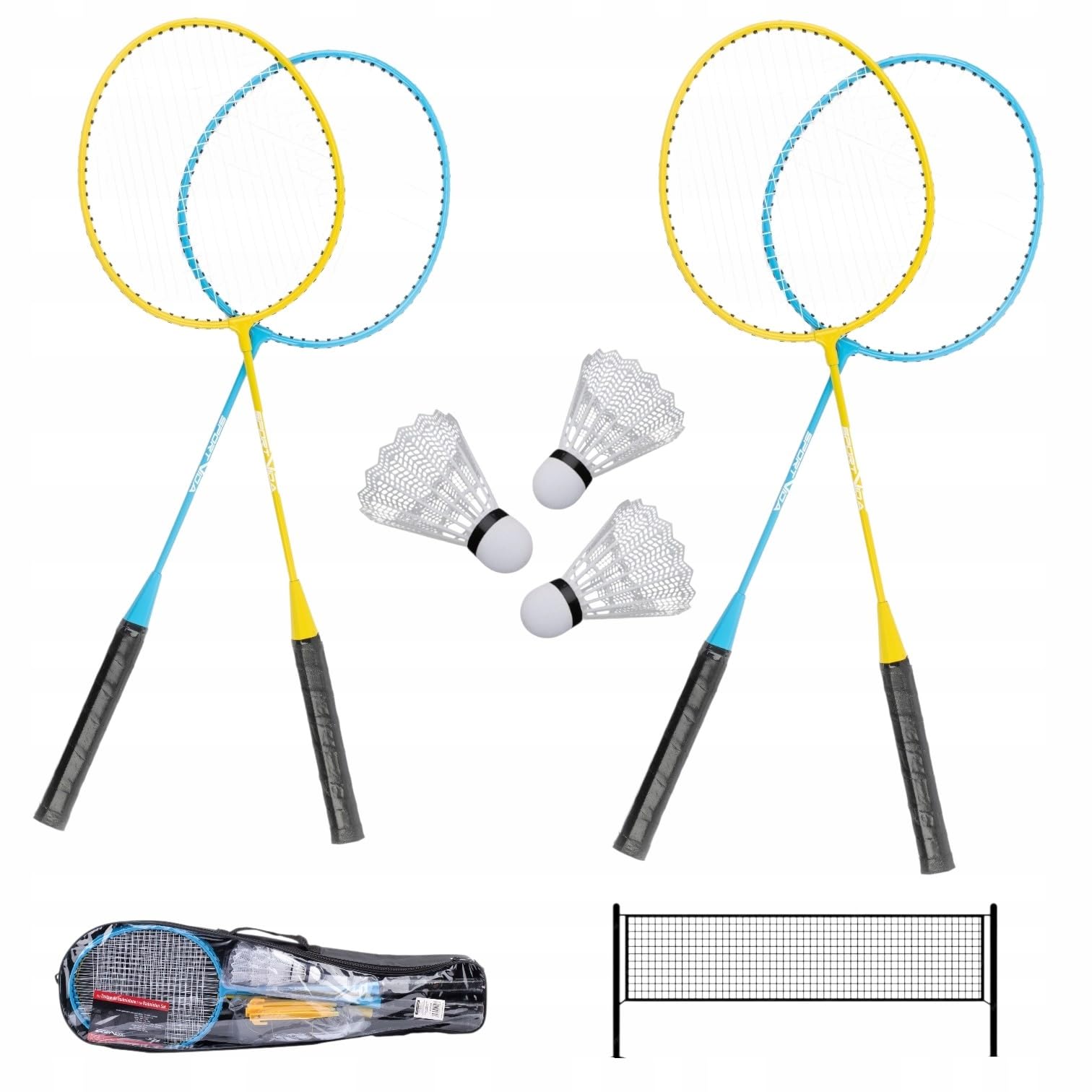 Lot de 4 raquettes de badminton - 3 volants à ressort - Filet et sac de transport - Jaune et bleu clair - Acier et aluminium - Hauteur des poteaux de 170 cm - Kit complet pour sports de loisirs