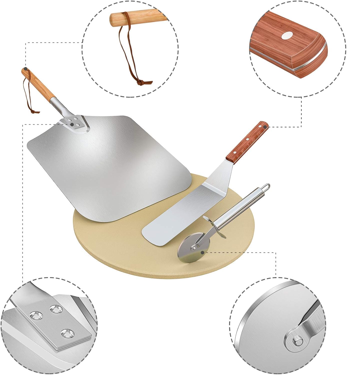 onlyfire Kit Accessoires Pizza 4 Pièces, Pierre à Pizza 38cm en Cordiérite, Pelle à Pizza Aluminium avec Manche en Bois, Roulette et Spatule Longue en INOX pour Grill, Barbecue et Four