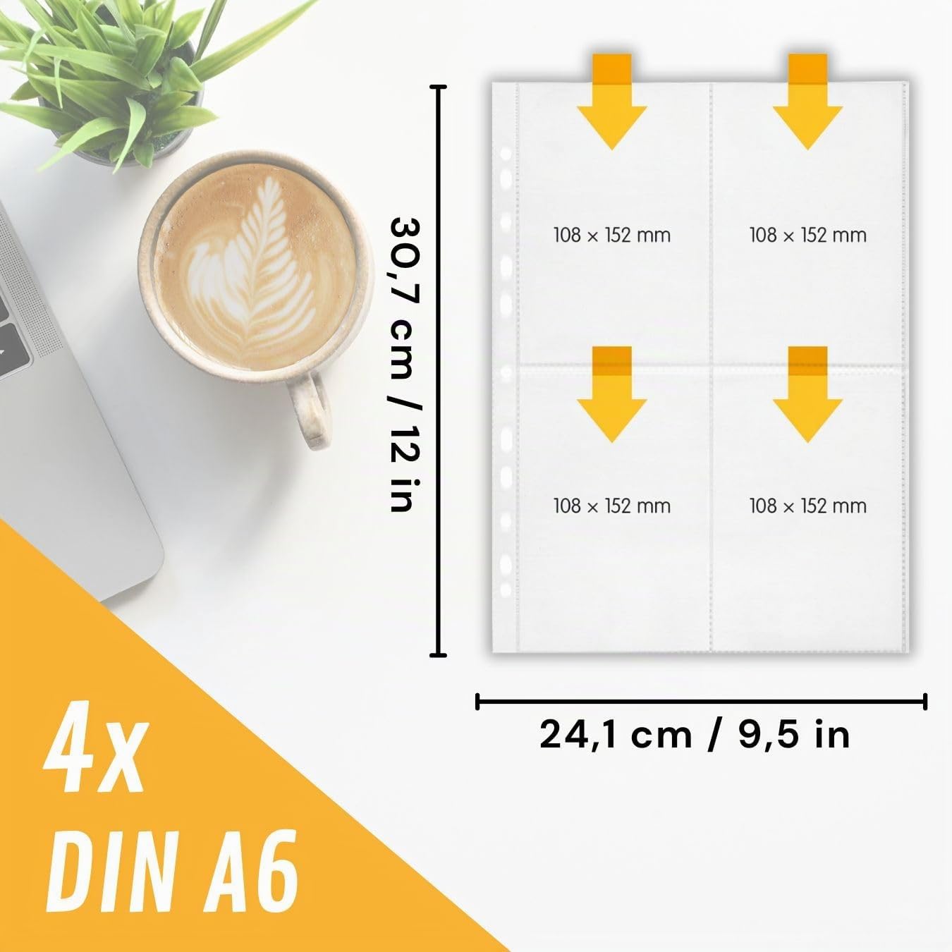 perfect line 100 Sammelhüllen DIN-A4, 4-geteilt, Fotohüllen transparent, Prospekthüllen Glasklar, 90 my Stark, dokumentenecht
