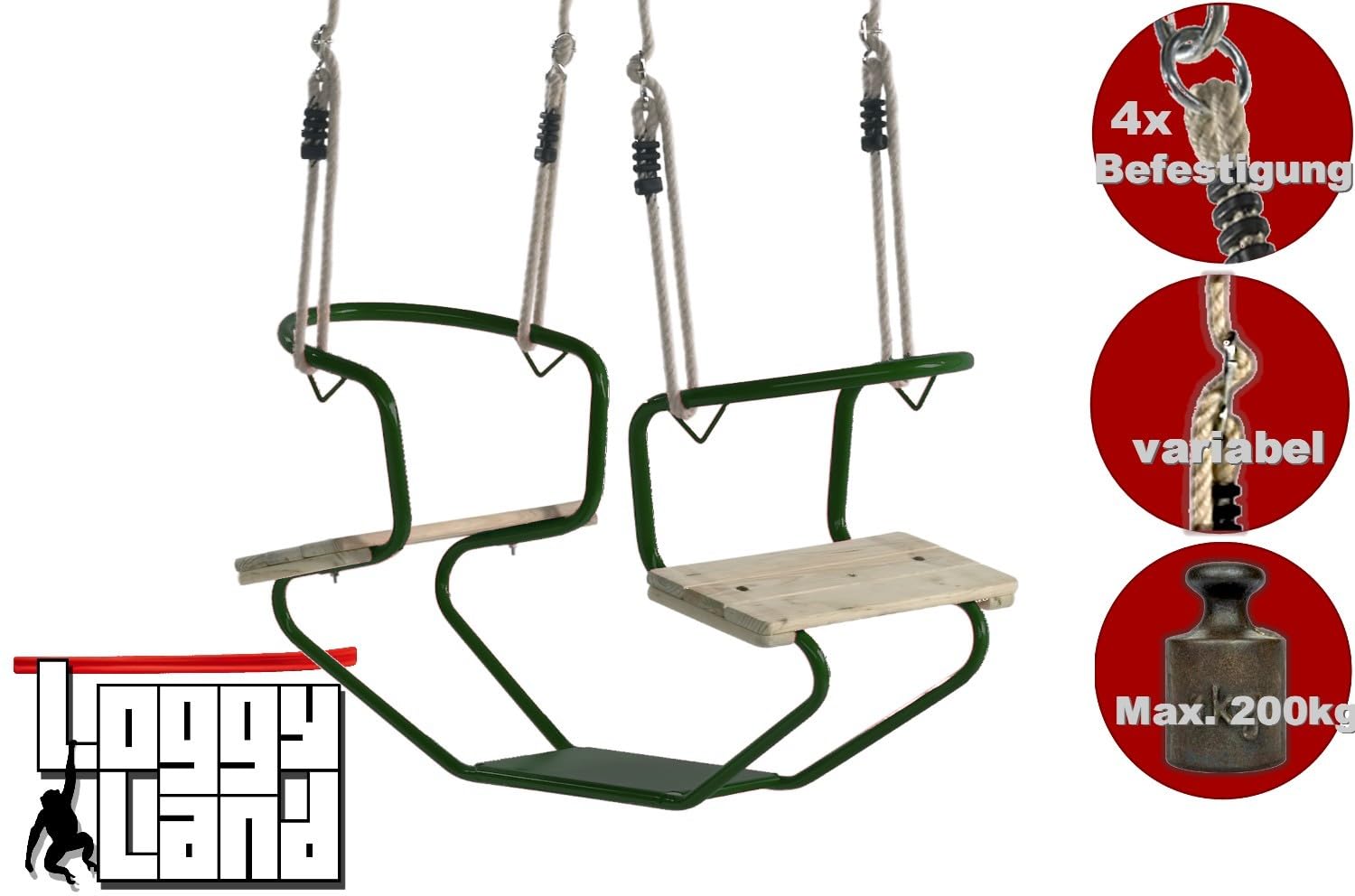 Doppelsitzschaukel Gondelschaukel für 2 Kinder – Pulverbeschichteter Metallrahmen & Kiefernholzsitze – Verstellbare PP-Seile – Outdoor Gartenschaukel Grün – 920 x 440 x 530 mm