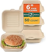 ECO SOUL 6x6 Compostable Clamshell Takeout Containers 50-Pack - Heavy-Duty, Microwave Safe, Biodegradable Bagasse