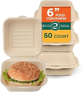 ECO SOUL 100% Compostable Clamshell Take Out Food Containers [6X6 50-Pack] Heavy-Duty Disposable To Go Containers, Eco-Friendly, Biodegradable Takeout Containers With Lid