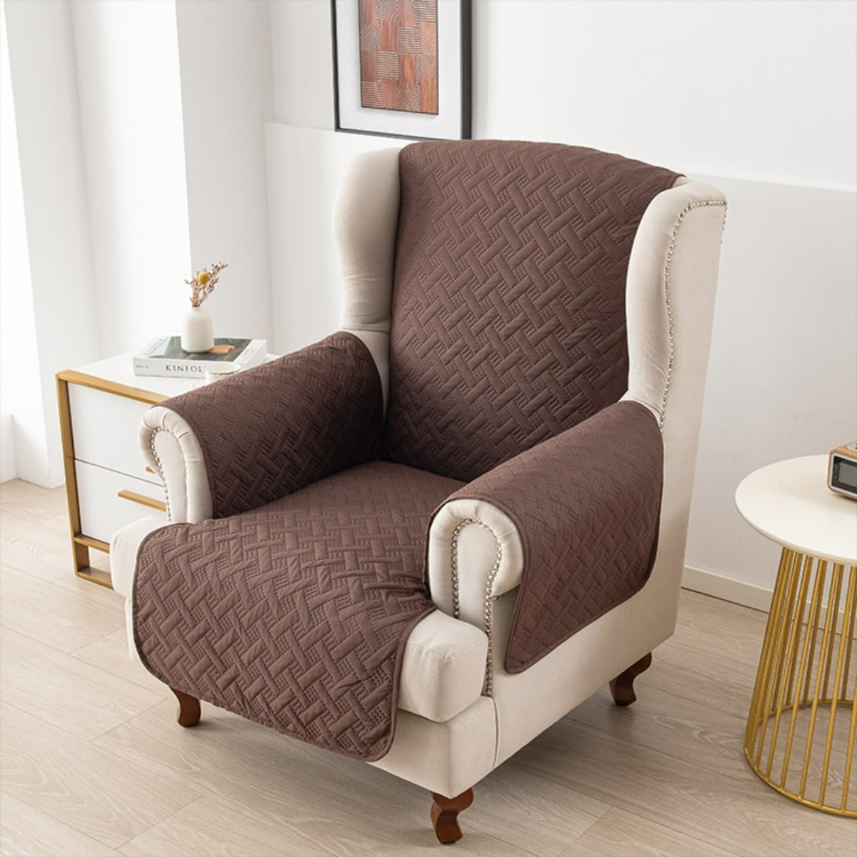 Waterproof Wingback Chair Cover, Armchair Slipcover Non-Slip Wing Chair Cover Furniture Protector for Pets & Dogs Washable (Light Gray)