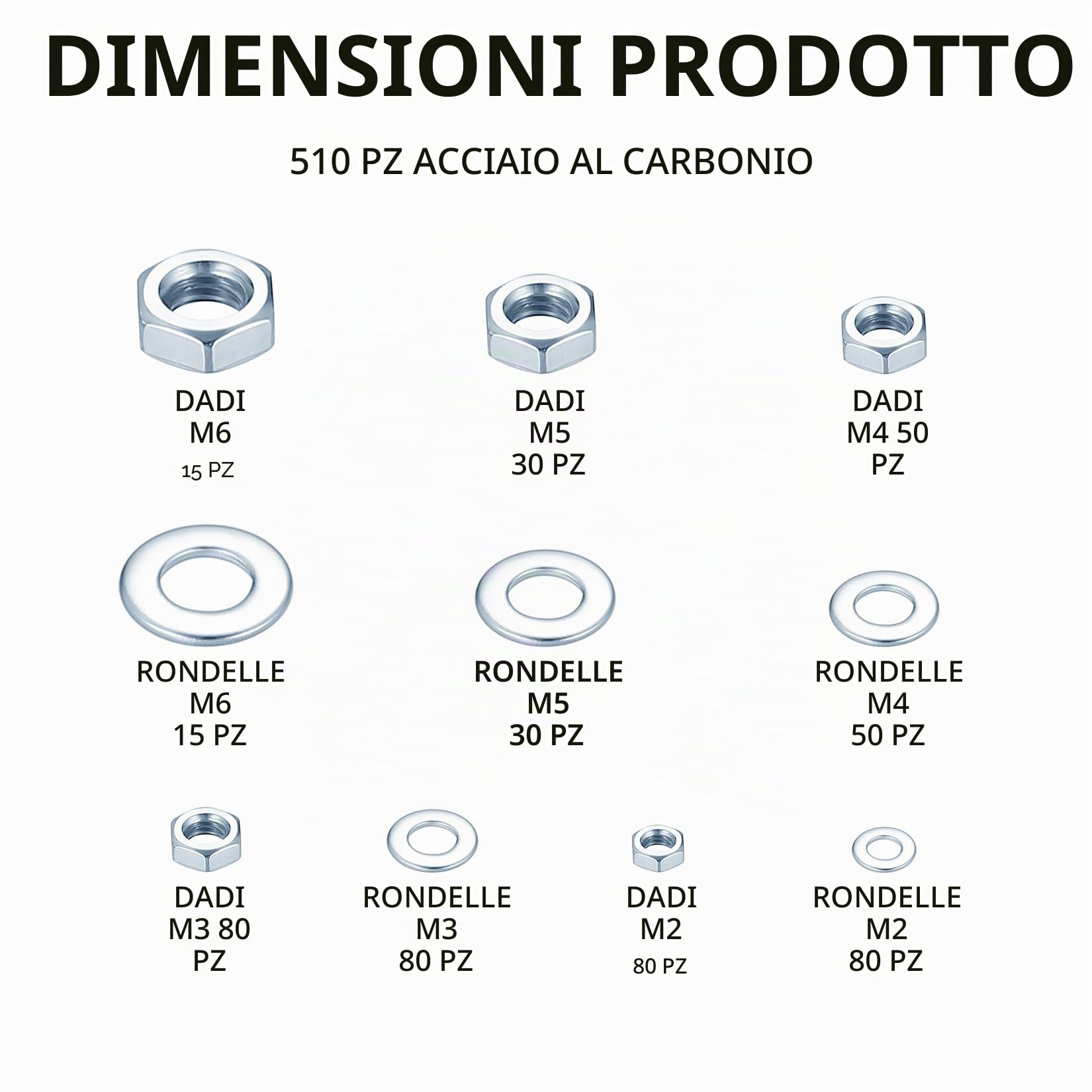 510 Pz M2 M3 M4 M5 M6 Dadi Esagonali e Rondelle Piatte: 255 Set di dadi Esagonali in Metall, 255 rondelle per Viti Barra Filettata, Dado Esagonale, Rondelle e Dadi per Bulloni Viti，Kit Dado Elementi