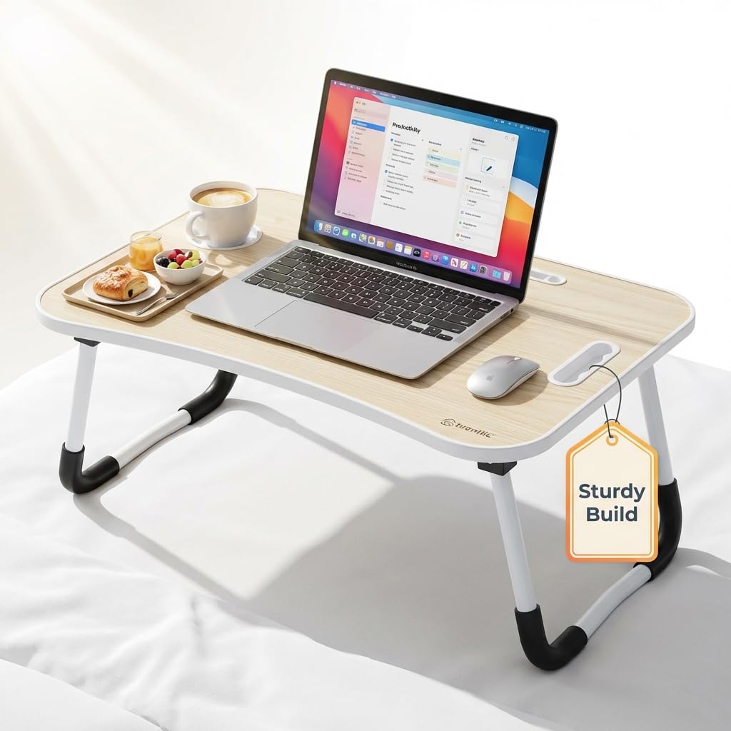 Cmy White Laptop Bed Table,Notebook Table Dorm Desk,Portable Lap Desk,Notebook Table Dorm Desk With Foldable Legs & Cup Slot,For Eating Breakfast,Reading,Watching Movie On Bed/Sofa(60 X 40Cm) (White)
