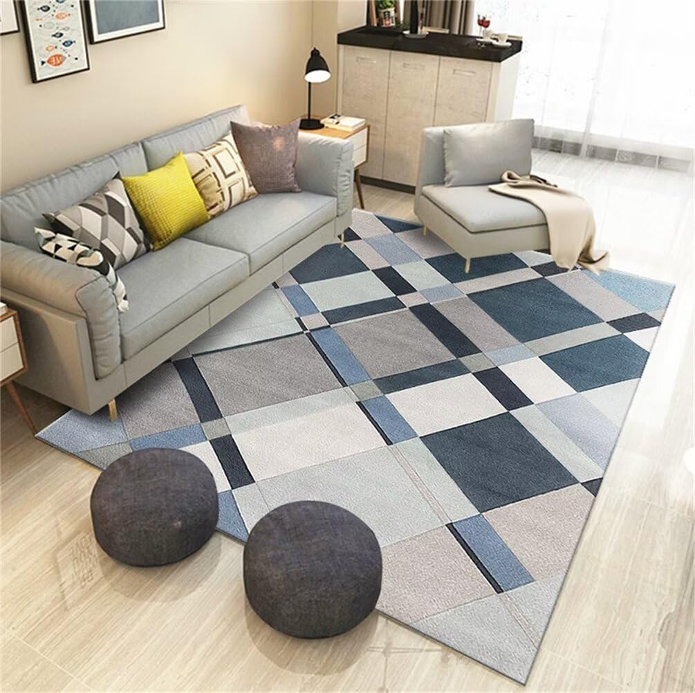 Grand tapis salon géométrique moderne bleu doux 250x300cm