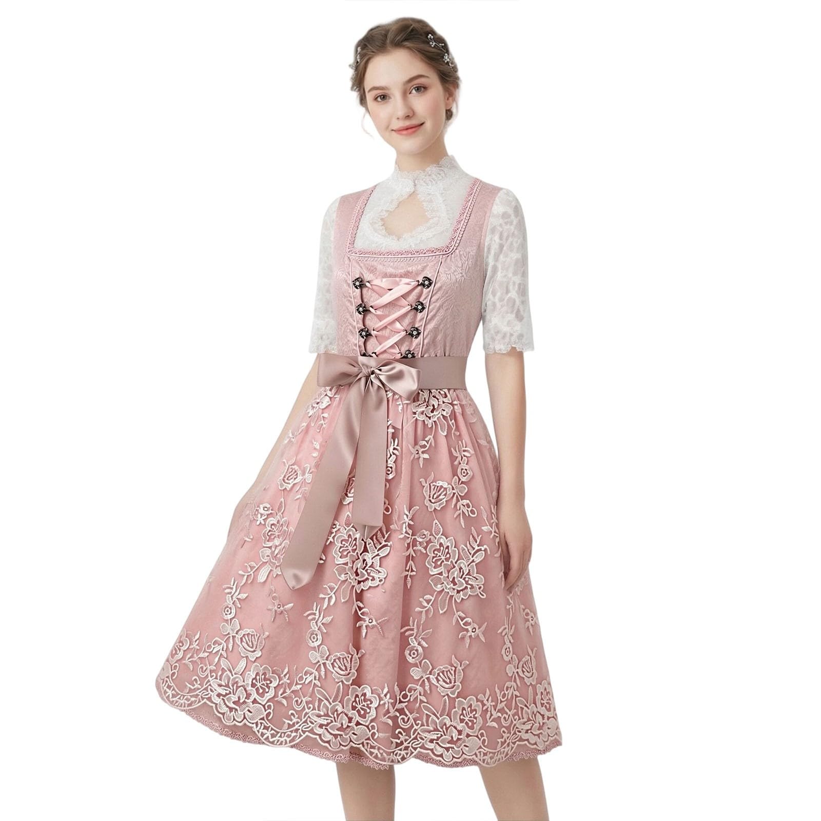 Abiti da Cerimonia Donna Dirndl Donna Elegante Set Costume Elegante Abito Bavarese per Festa Cosplay Tradizionale con Stampa Floreale e Nastro Vestito Festa