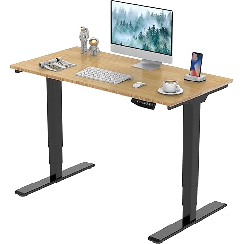 48 Inch Bamboo Electric Standing Desk, 3 Stage Dual Motor Height Adjustable Desk, Stable and Durable Sit to Stand Home Office Desk (Black Frame/ 48” x 24” Natural Bamboo Top)