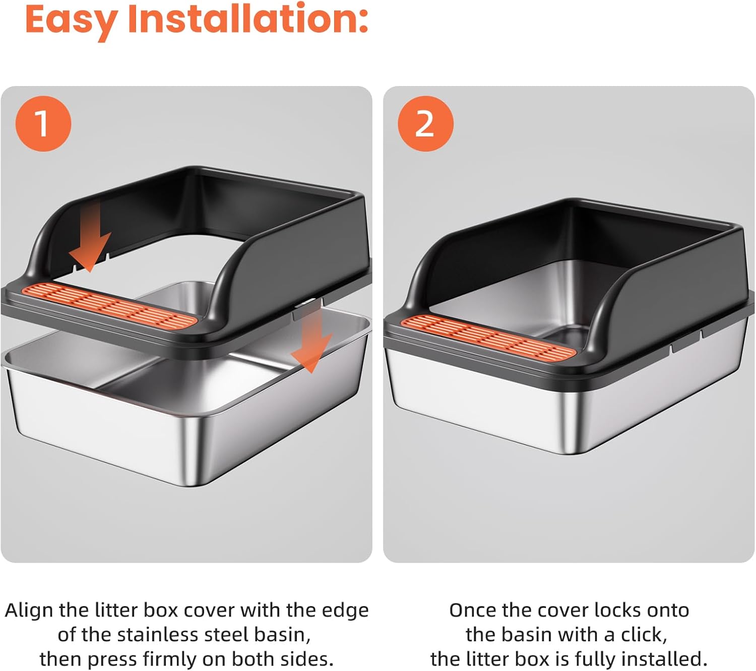 Stainless Steel Cat Litter Box, Metal Kitty Litter Box Includes Litter Mat & Scoop, Easy Cleaning Anti-Scratch Kitty Cat Box Anti-Urine Leakage, Non-Sticky, Perfect for Small Cats, Black