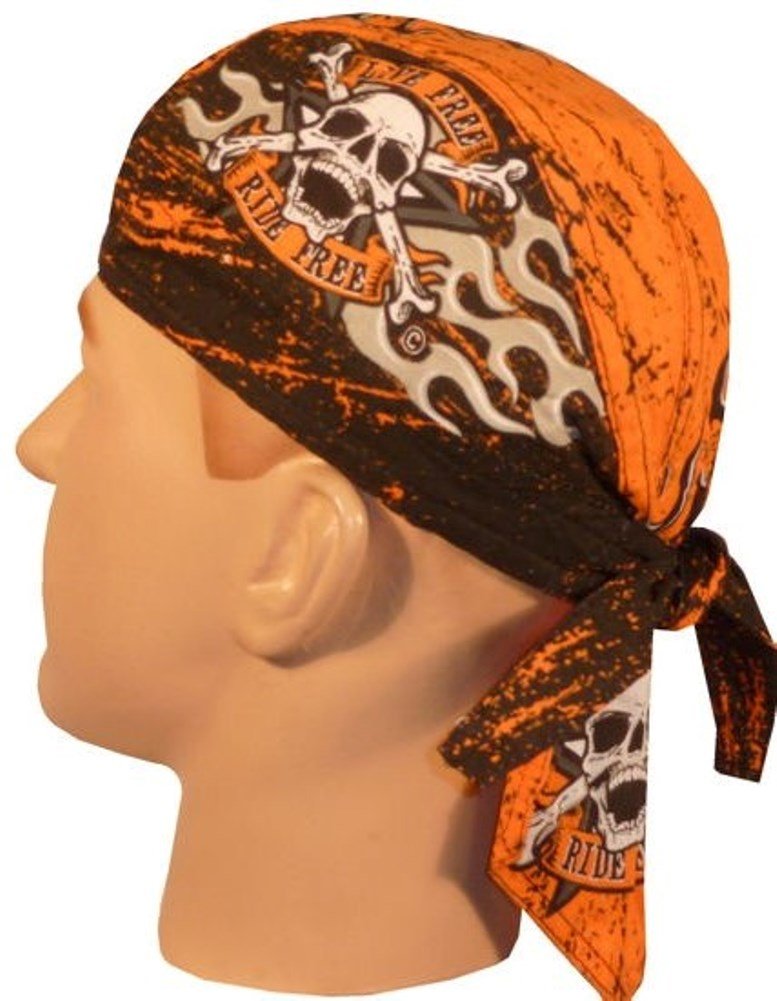 Danbanna Deluxe Orange Unisex-Adults Kids One Size Fits Most Skull Flame Design Bandana Headwrap Headscarf Adjustable Cap Hat with Terry Cloth Sweatband