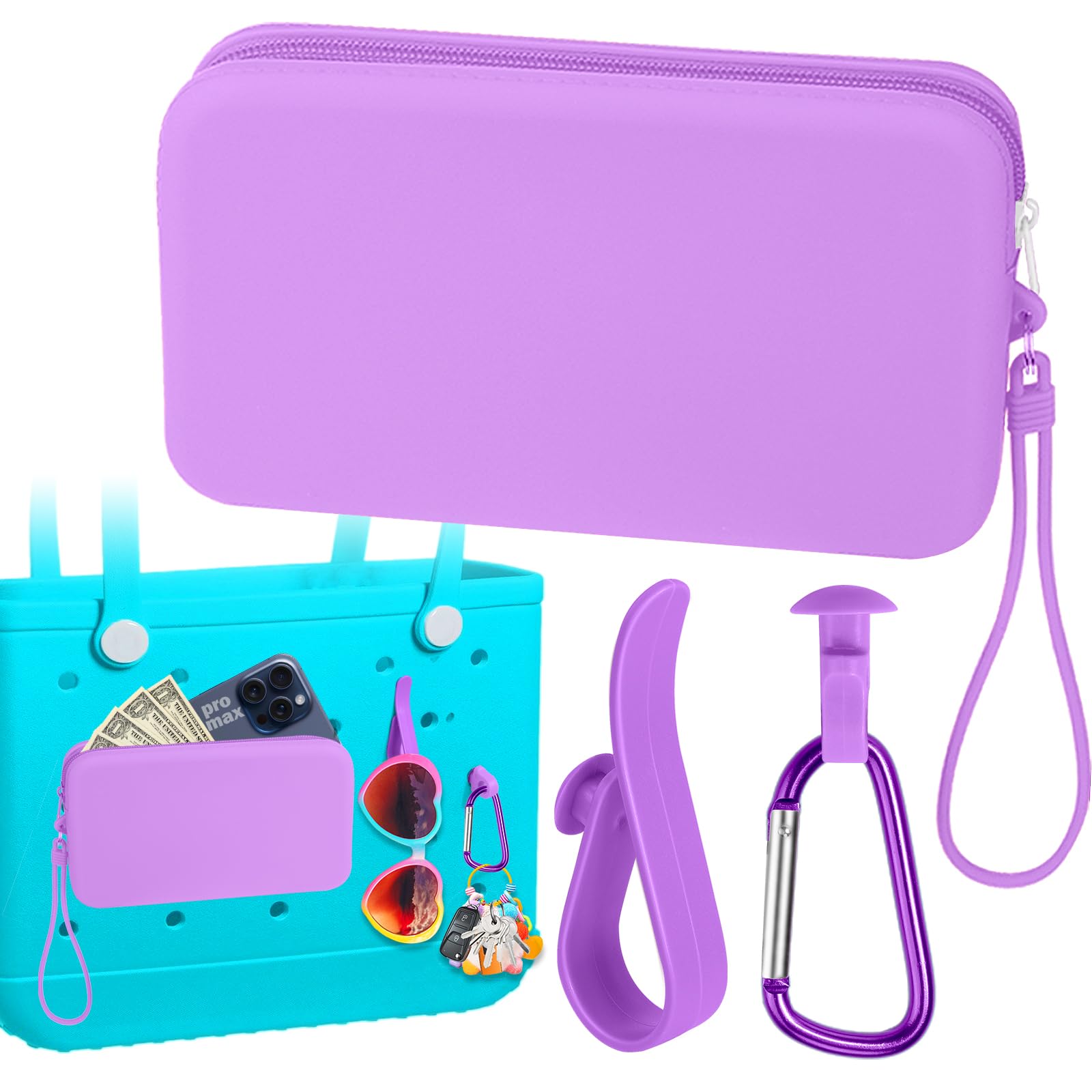 Mity rain Silicone Wallet for Bogg Bag Phone Holder, Accessories Set for Bogg Bag Contain 2PCS Key Holder and a Large Capacity Silicone Zipper Bag for