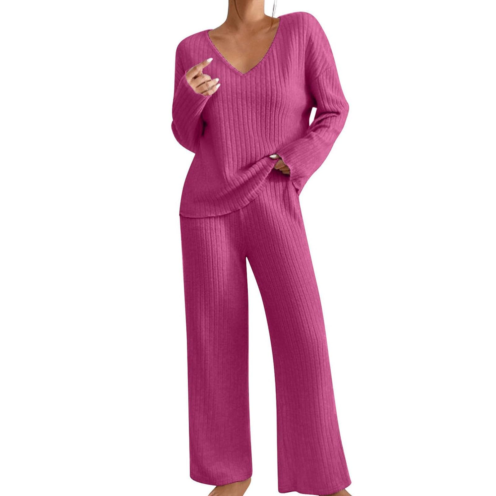 Loungewear Ensemble pyjama côtelé à manches longues pour femme | Ensemble de pyjama à manches longues et col en V en tricot et jambes droites - Vêtements de maison chauds - Couleur unie