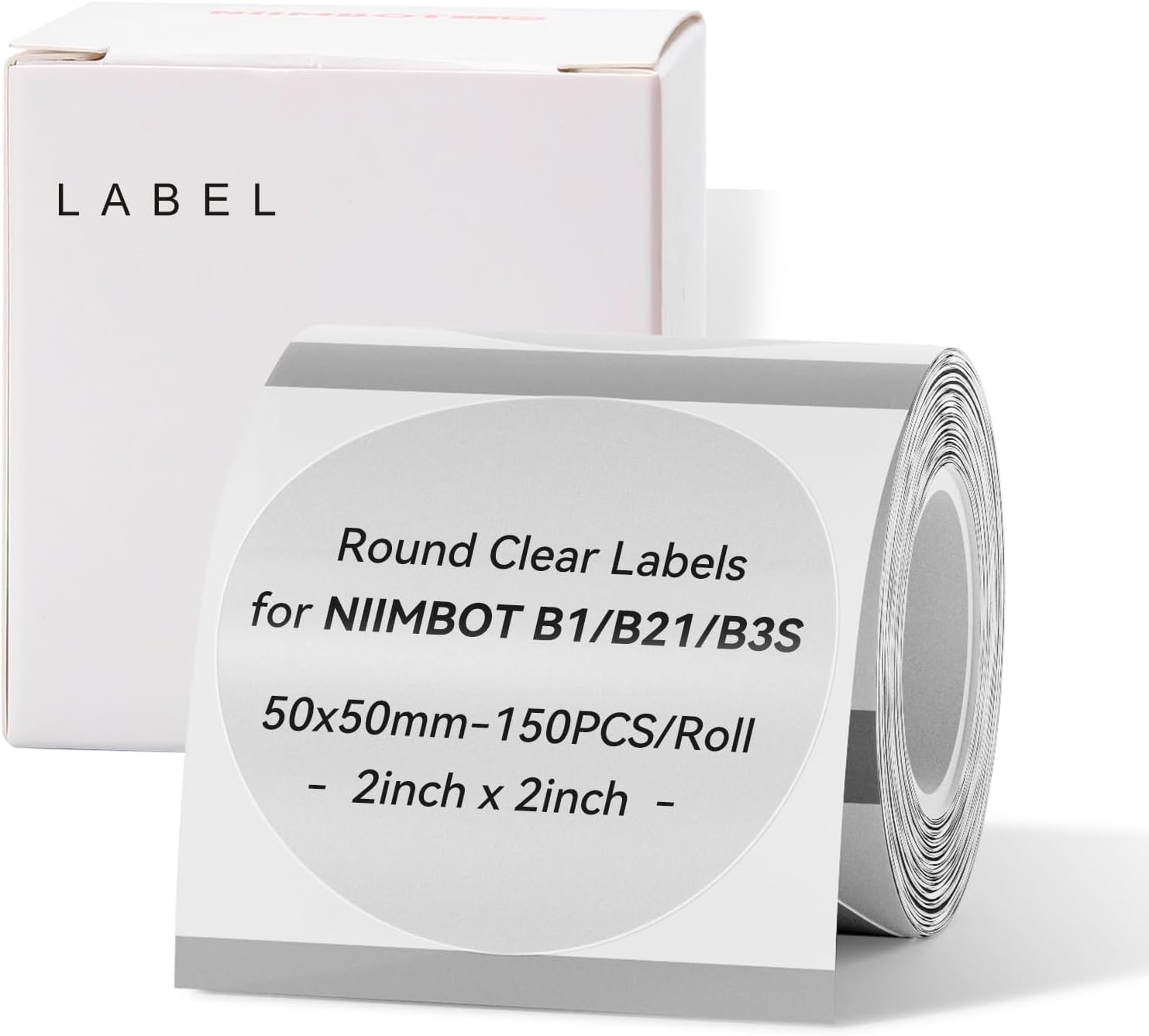 Labels for B21/B3S Label Printer, Thermal Labels, 50 x 50 mm, Waterproof, Oilproof, 1 Roll of 150 Sticker Labels (Round, Clear)